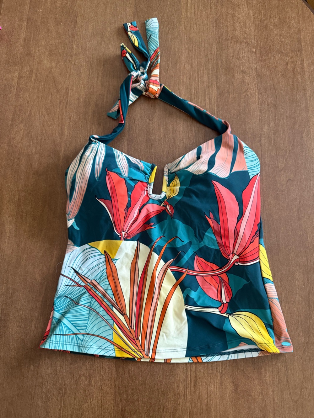 Alia Women's Teal Floral Halter Tankini Top with Coral, Yellow and White Accents